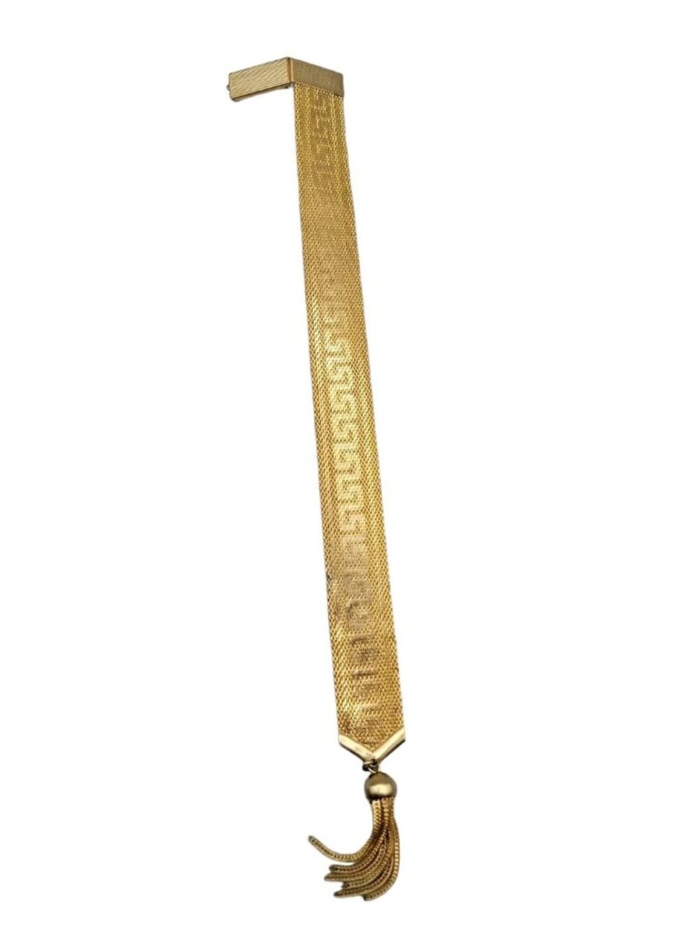 Art Deco Byzantine Greek Key Tassel Gold Tone Mesh Slide Bracelet - Picture 9 of 16